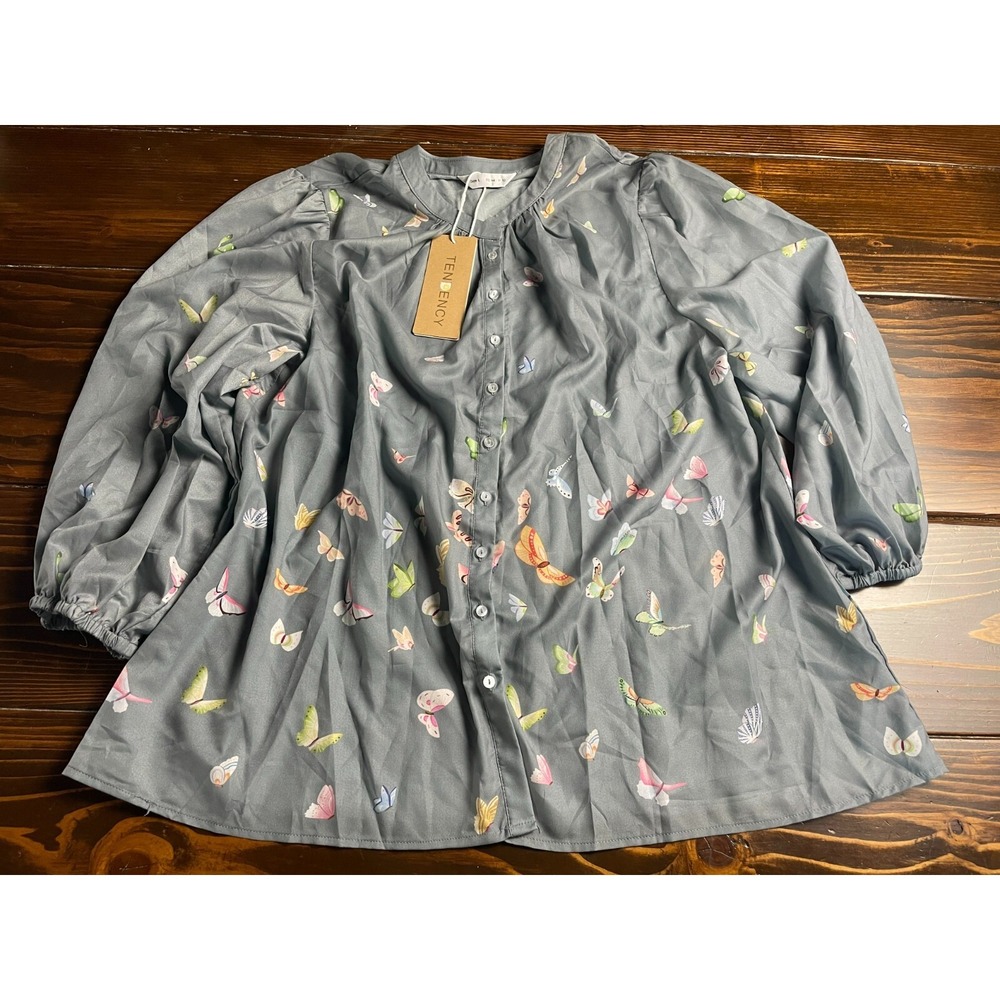 TENDENCY Shirt, Women's Size Large, Gray, Butterfly, 3.4 Sleeve, NWT